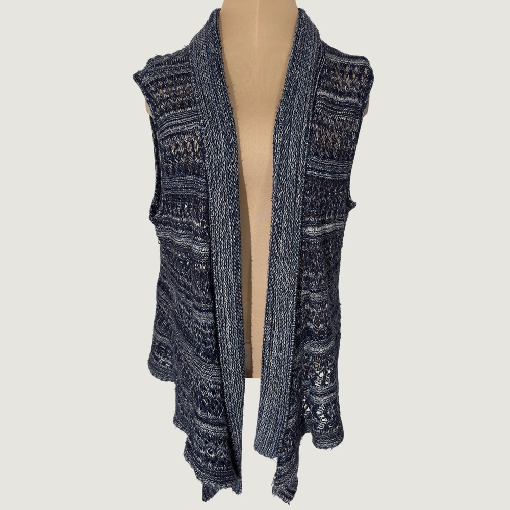 3307 | Dressbarn Pointelle Crochet Open Knit Vest Blue White Boho Women L